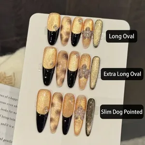 Handmade Black Gold Cat Eye Press On Nails With 3D Floral Rhinestones Leopard Pattern Luxurious French Style Elegant Nails