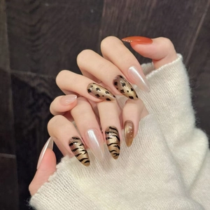 Handmade leopard and tiger print long almond press-on nails with golden cat eye finish