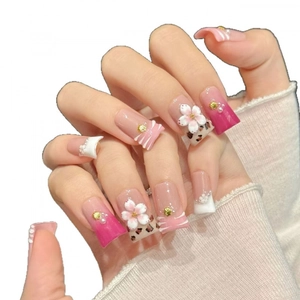 Pink gradient square fake nails with 3D floral relief and leopard print art