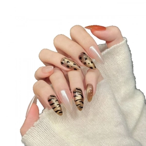 Press-on nails featuring leopard and amber prints in a stylish long stiletto shape