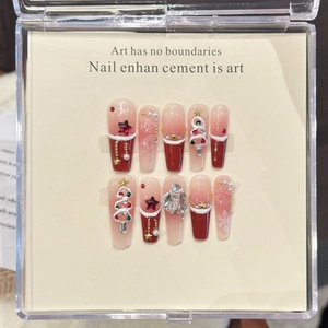 Handmade Christmas Press On Nails Red Snowflake 3D Christmas Tree Rhinestone Artificial Pearl Almond Coffin Long Fake Nails Women Party