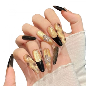 French style black cat eye press-on nails with 3D floral pearls and champagne gold glitter