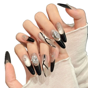 Handmade dark grey cat-eye press-on nails with luxury rhinestones and elegant art design