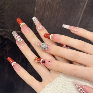 Red velvet Christmas press-on nails with snowflakes, 3D trees and sparkling rhinestones