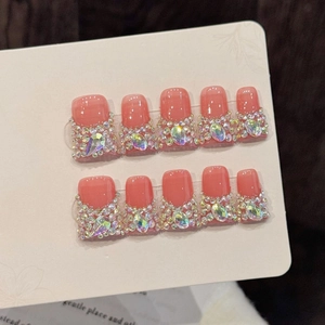 Lussuose Unghie a Pressione Francesi Fatte a Mano Rosa Corallo Sfumato Unghie Finte Brillanti Unghie Artificiali Donna Party