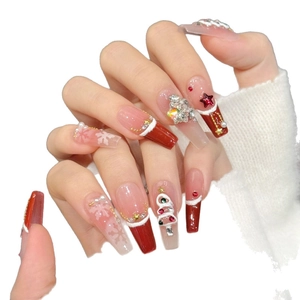 Red velvet Christmas press-on nails with snowflakes, 3D trees and diamond accents