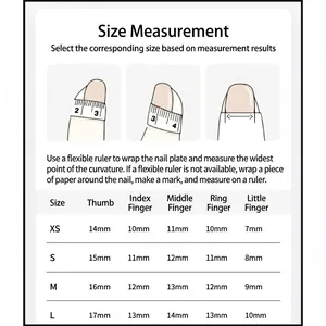 Size guide for handmade pink press-on nails from XS to L with measurement instructions