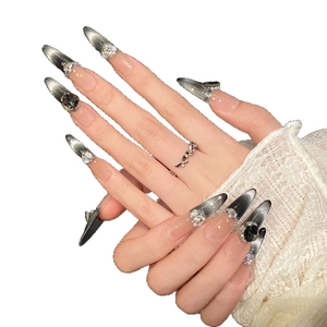 Handgemachte schwarze Cat-Eye-Nägel zum Aufdrücken, Stiletto-Form, French-Gradient und Strass