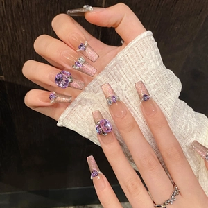 Pink and purple gradient cat eye press-on nails with luxury heart rhinestones and pearls