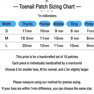 Size guide for mirror finish press-on toe nails in S, M, L options for women