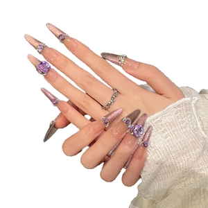 Pink purple gradient stiletto press-on nails with french cat eye and crystal accents