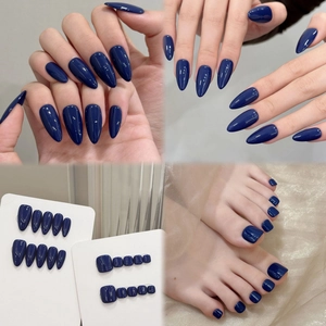 Handmade Glossy Deep Blue Solid Color Press On Nails Hand Foot Almond Shape Toenail Set Minimalist False Nails For Women