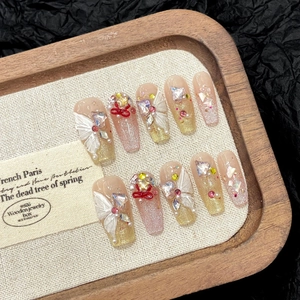 Faux Ongles à Presser Faits Main Œil de Chat Papillon Paillettes Strass Perle Artificielle Forme Cercueil Longue Pour Femme Manucure
