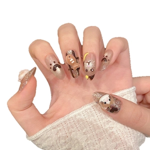 Cute brown 3D cat and fish patterned handmade press-on nails in long almond shape