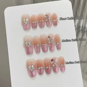 Handmade Blush Pink Cat Eye Press On Nails Medium Coffin French Gradient Pave Rhinestone Butterfly Heart Design Nails