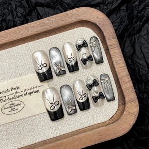 Handmade Black French Bow Cat Eye Press On Nails Sweet Cool Rhinestone Butterfly Coffin False Nails Set For Women