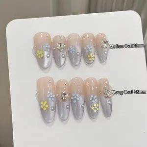 Handmade Press On Nails Pink Purple Cat Eye Gradient 3D Flower Butterfly Rhinestone Faux Artificial Pearl Almond Oval Fake Nails