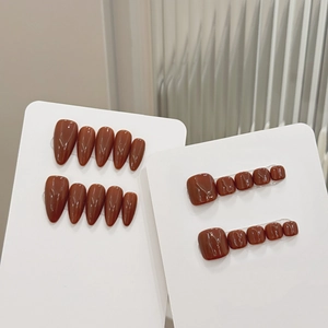 Glossy reddish-brown almond fingernails and square toenails press-on manicure set