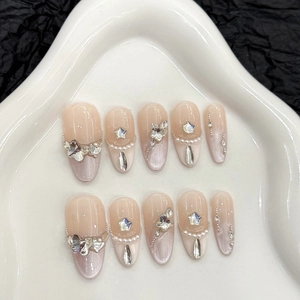 Handmade Press On Nails Nude Pink Cat Eye Gradient Artificial Pearl Butterfly Rhinestone Stars Elegant Fake Nails For Women Party