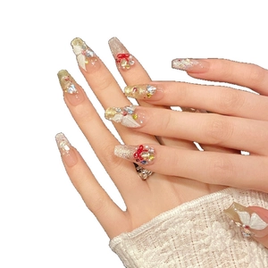 Faux ongles longs ballerine avec papillons 3D, effet œil de chat et cristaux colorés de luxe