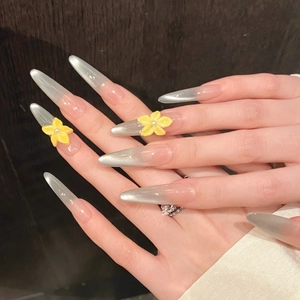 Handmade Mint Green Cat Eye Gradient Press On Nails With 3D Yellow Plumeria Flowers Artificial Pearl Stiletto Long Fake Nails Women