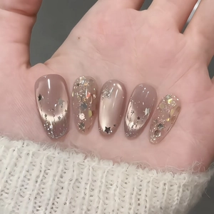 Handmade Baroque Star Moon Cat Eye Press On Nails Dreamy Sparkly Sequin Almond False Nails Pink Gold Glitter Fake Nails For Women Daily Party Manicure