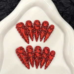 Handmade Luxury Red Stiletto Press On Nails Full Diamond Rhinestone 3D Star Heart Design Acrylic False Nails For Women Party
