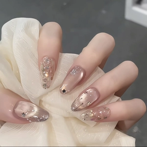 Baroque cat eye press-on nails with silver star sequins and pink glitter design