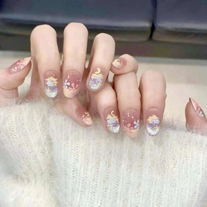 Unghie a Pressione Fatte a Mano Ovale Corto Occhio di Gatto Design Floreale Rosa Nude Viola Unghie Finte Dolce Romantico Donna