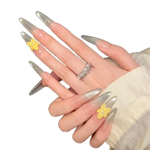 Handmade gradient mint green press-on nails with 3D frangipani and pearl accents