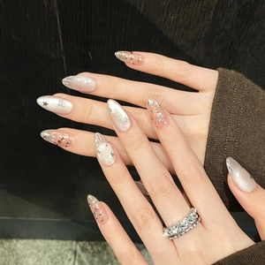 Baroque starry moon dream fairy long almond press-on nails with silver glitter sequins