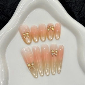 Handmade Press On Nails With 3D Zircon Butterfly Cat Eye Gradient Luxury Pink Gold Reusable False Nails For Women Decor