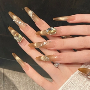 Handmade Gold Cat Eye Press On Nails Long Stiletto Luxury Rhinestone Gradient Amber Champagne Fake Nails For Women Daily Jewelry