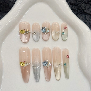 Handmade Luxury Cat Eye Press On Nails With Rhinestones And Artificial Pearls Gradient Almond Fake Nails For Women Party Decoration