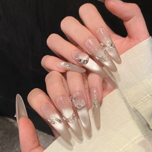 Champagne Cat Eye Long Stiletto Press On Nails Luxury Rhinestone Artificial Pearl Handmade Glue On False Nails For Women Elegant Manicure