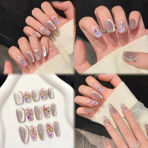 Handmade Cat Eye Press On Nails With 3D Dried Flower Rhinestone Elegant Mauve Purple Short Square Mid Oval Fake Nails For Women