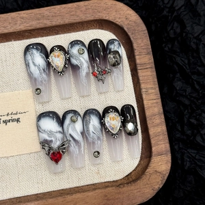 Handmade Black Marble Gothic Press On Nails Long Coffin Shape With Metal Wings Zircon Heart Rhinestones Luxury Nail Art For Women