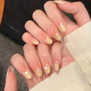 Handmade French Shell Gradient Press On Nails Elegant Nude Pink Fake Nails With Artificial Pearl Gold Foil For Women Daily Decorative