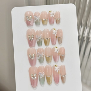 Handcrafted 3D Butterfly Flower Press On Nails Pink Gold Cat Eye Coffin Fake Nails With Artificial Pearl Rhinestone For Women Party
