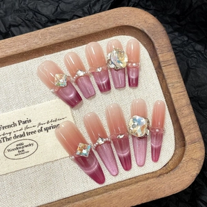 Handmade Cat Eye Press On Nails Long Coffin Stiletto Pink Purple Gradient Rhinestone Artificial Pearl French Luxury Fake Nails