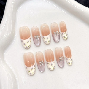 Handmade Press On Nails Purple Floral Blush Gradient French Oval Fake Nails With 3D Butterfly Rhinestone Decor For Women