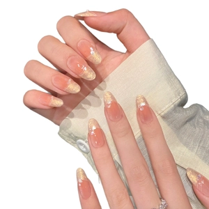 Almond shell nude gradient press-on nails with delicate pearls and glitter accents