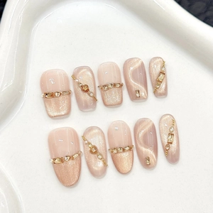Faux Ongles à Presser Œil de Chat Français Fait Main Avec Strass Künstliche Perle Chaîne en Métal Or Champagne Rose Nude Luxe