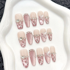 Handmade Pink Cat Eye Press On Nails With Butterfly Rhinestone Artificial Pearl 3D Sparkling Fake Nails Set For Women