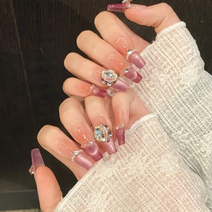 Pink and purple gradient cat eye press-on nails with luxury pearls and large rhinestones