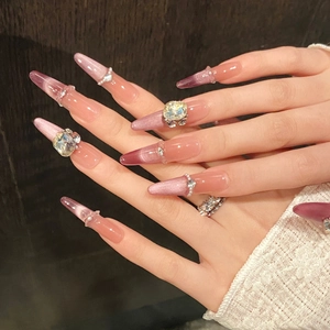 Pink purple cat-eye press-on nails with luxury gradient and 3D rhinestone pearl decor