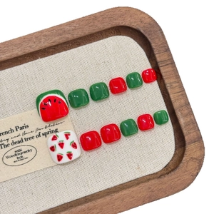 Hand-painted watermelon and strawberry foot press-on nails in red and green glossy finish