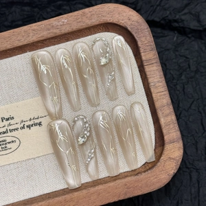 Handmade Long Coffin Press On Nails Vintage Chinese Style Bamboo Pattern Cat Eye Rhinestone Artificial Pearl Elegant Nail Art Set