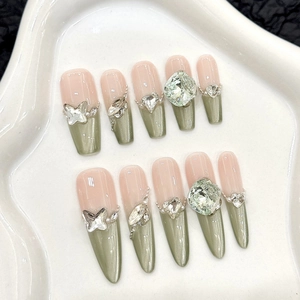 Handmade Olive Green Cat Eye Press On Nails Long Coffin Stiletto Rhinestone Butterfly Heart Luxury Wedding Party Nails