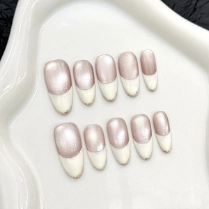 Handmade Gold Cat Eye Press On Nails Elegant French Pink Pearlescent Almond False Nails For Women Daily Party Decoration